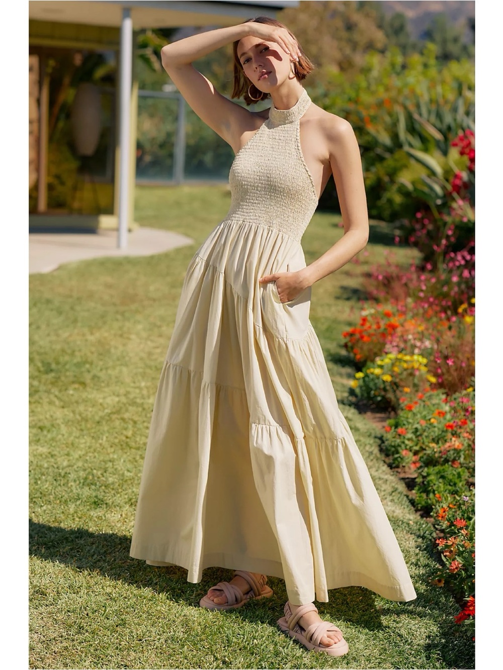 Anthropologie S/W/F Smocked Tiered Maxi Dress Buttercream Open Back Halter
